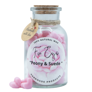 Peony & Suede - 16 μερίδες αρωματισμένου κεριού ελαιοκράμβης καρύδας, σε γυάλινο μπουκαλάκι με φελλό